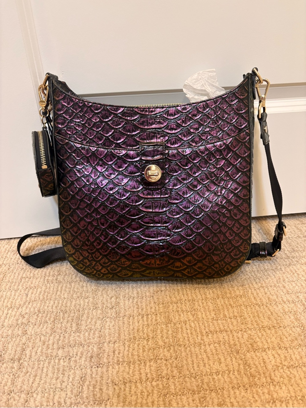 Brahmin Iridescent Purple Croc-Embossed Crossbody with Gold Hardware